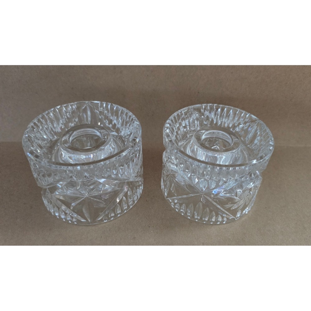 Crystal Candle Holder Set Pinwheel Starburst Cut Glass Reversible Taper Pillar
